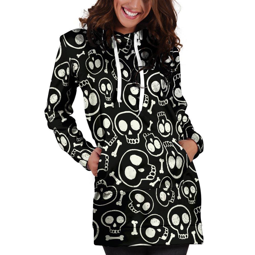 Black Cartoon Skull Hoodie Dress-grizzshop