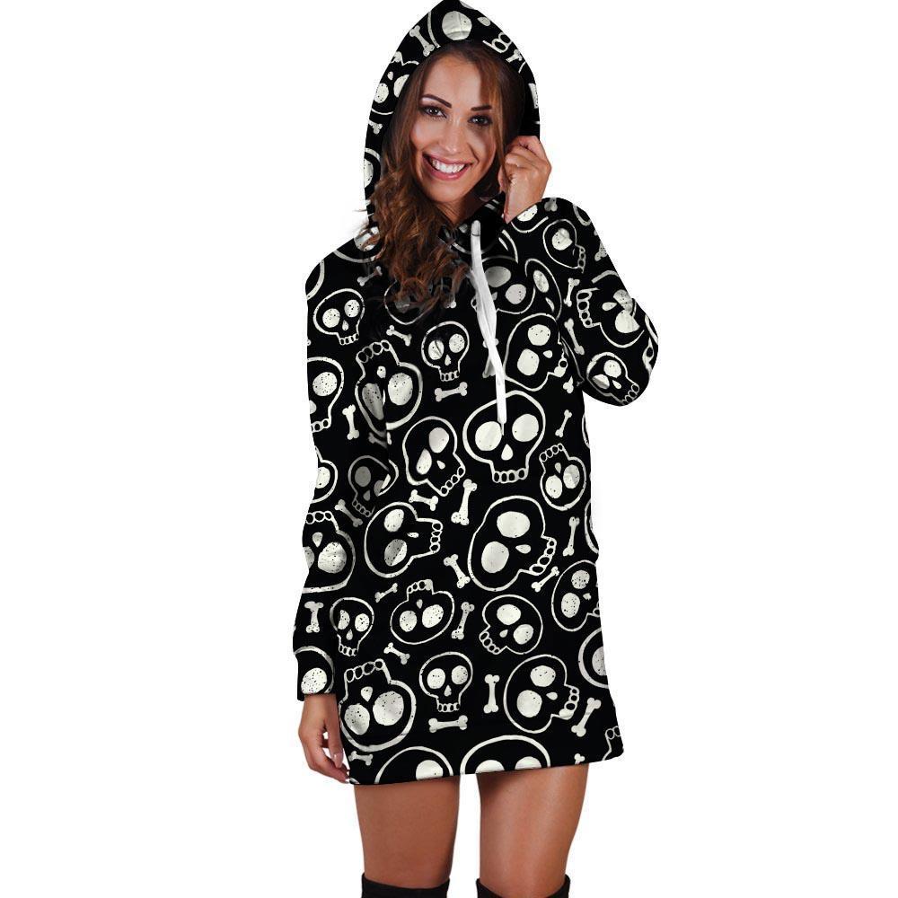 Black Cartoon Skull Hoodie Dress-grizzshop