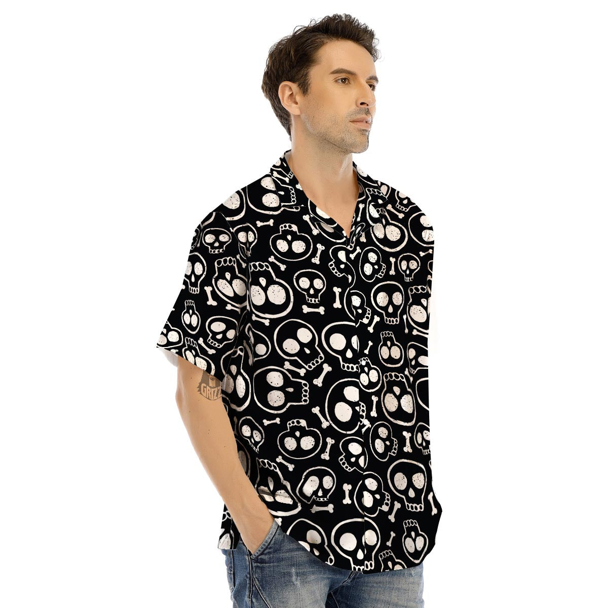 Black Cartoon Skull Men’s Hawaiian Shirt-grizzshop
