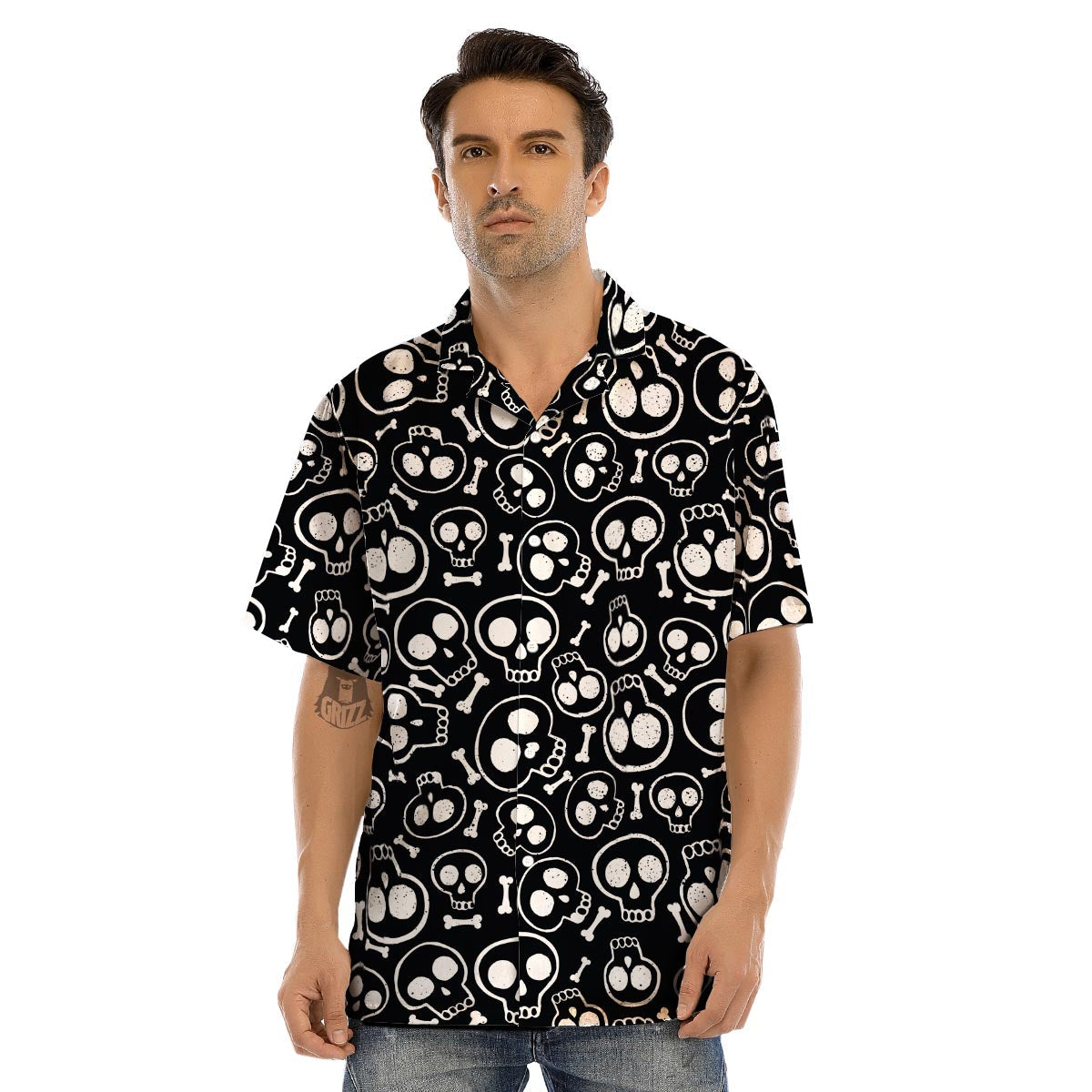 Black Cartoon Skull Men’s Hawaiian Shirt-grizzshop