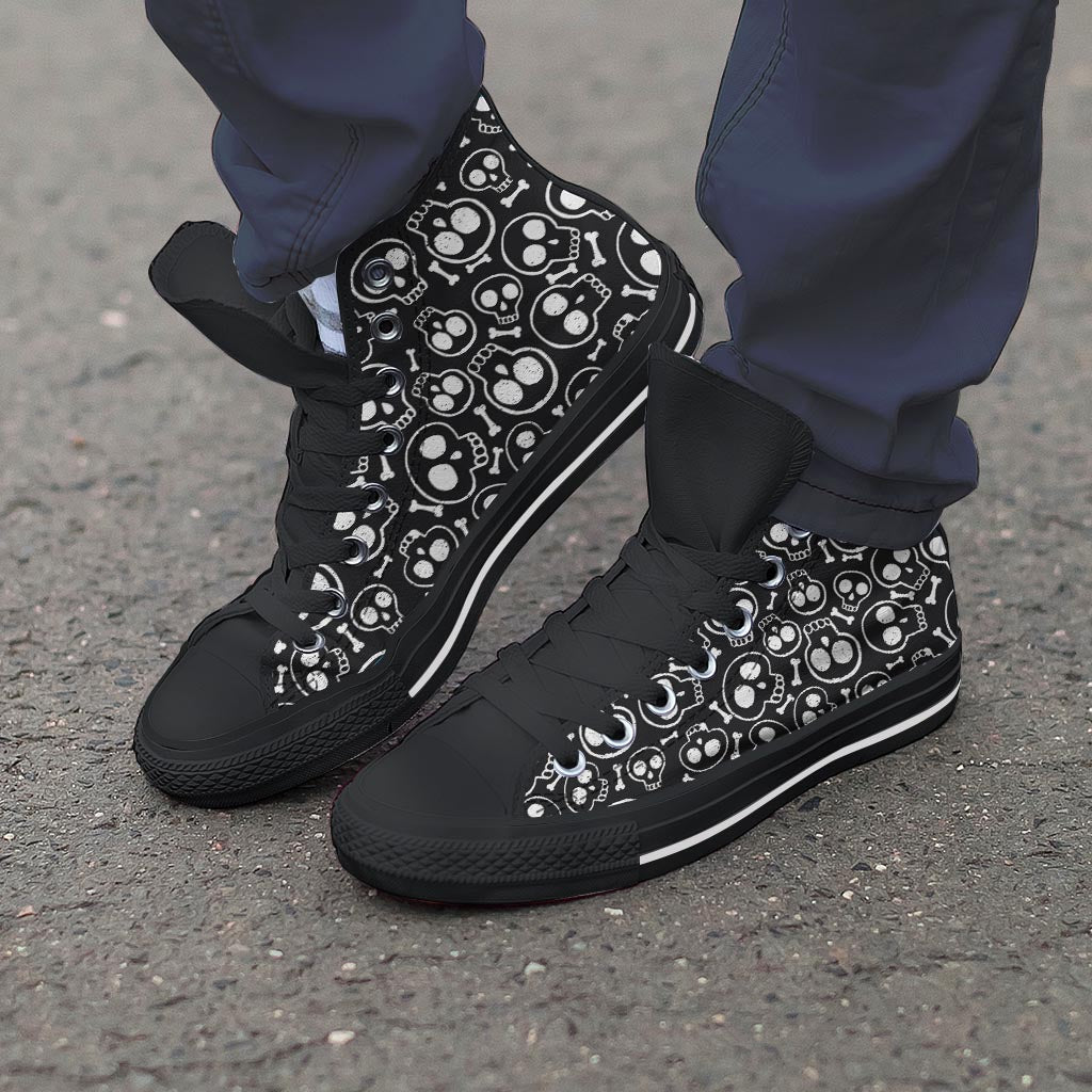 Black Cartoon Skull Men's High Top Shoes-grizzshop