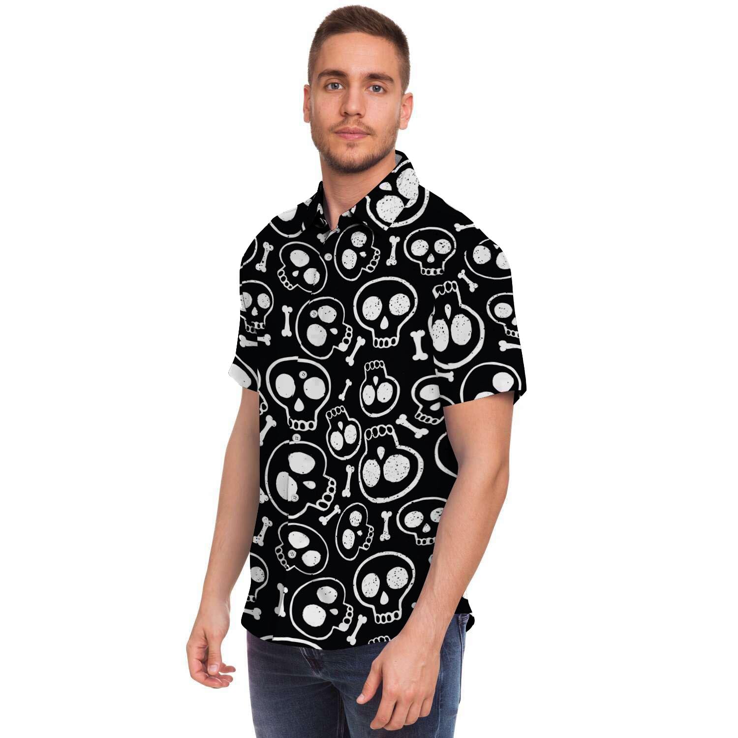 Black Cartoon Skull Men's Short Sleeve Shirt-grizzshop