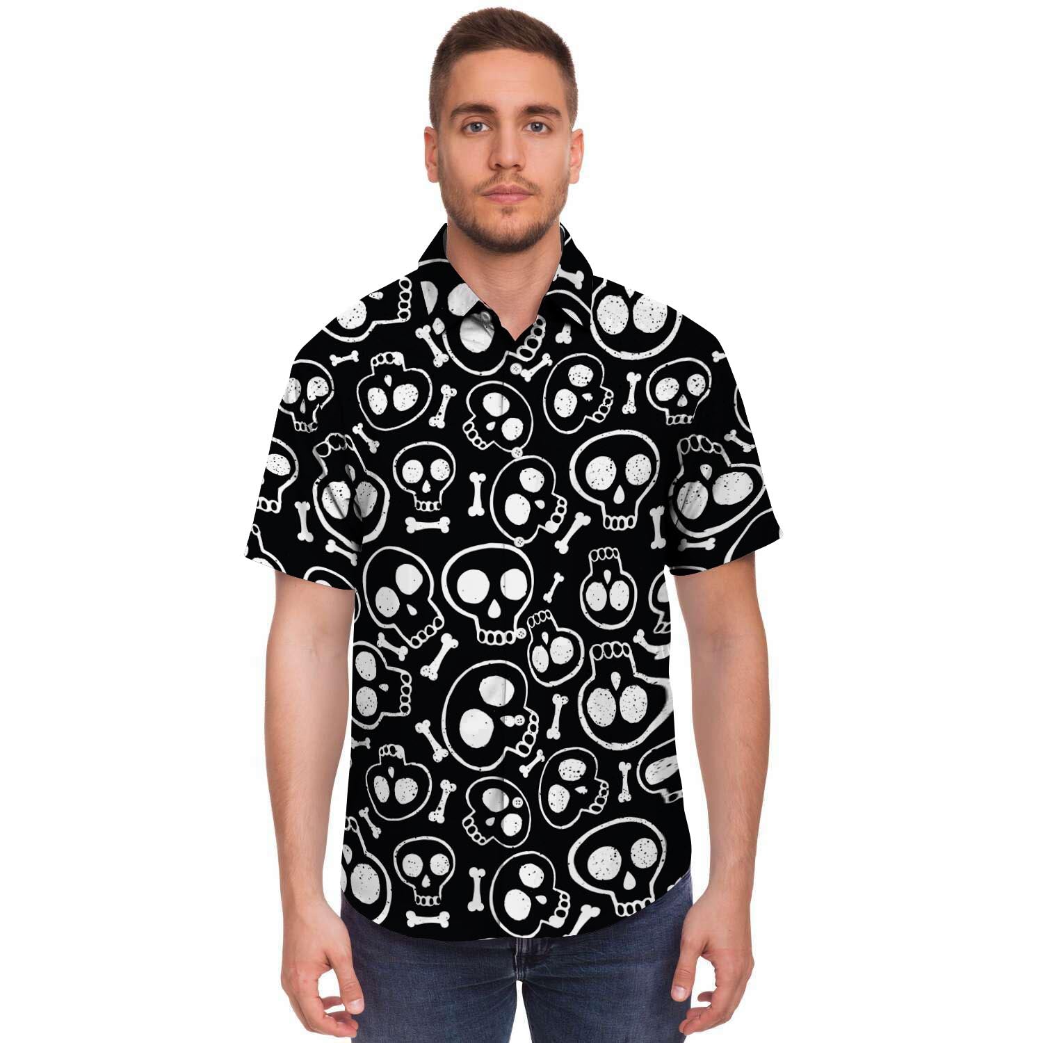 Black Cartoon Skull Men's Short Sleeve Shirt-grizzshop