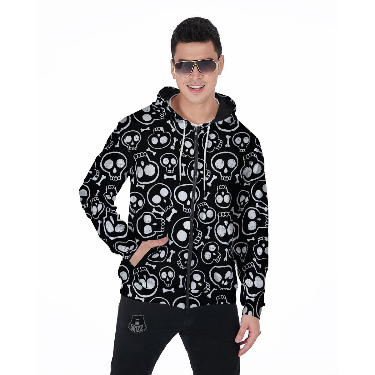 Black Cartoon Skull Men's Zip Up Hoodie-grizzshop