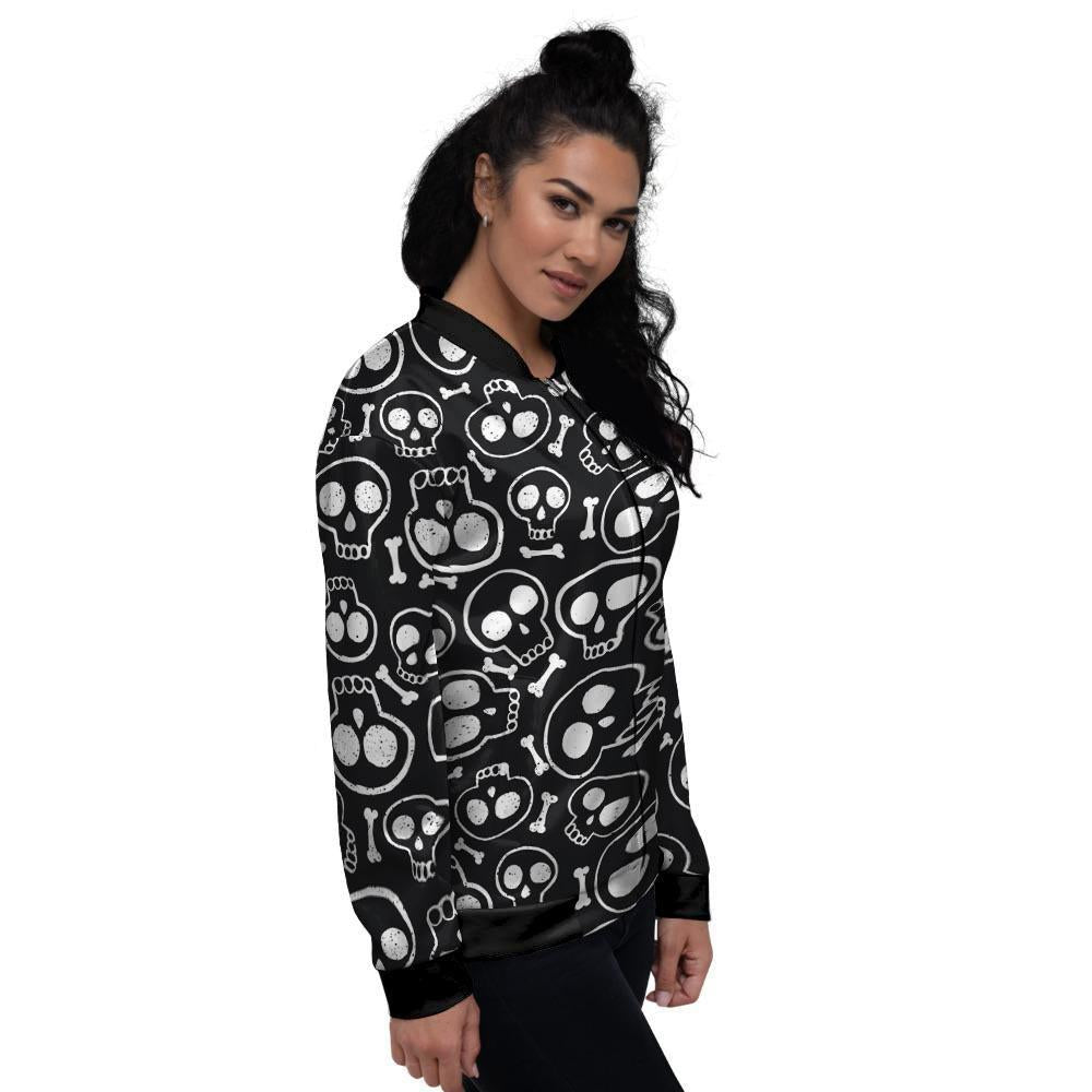 Black Cartoon Skull Women's Bomber Jacket-grizzshop