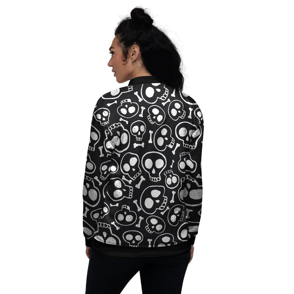 Black Cartoon Skull Women's Bomber Jacket-grizzshop