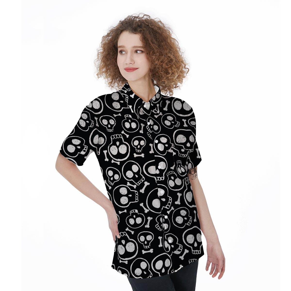 Black Cartoon Skull Women's Short Sleeve Shirts-grizzshop