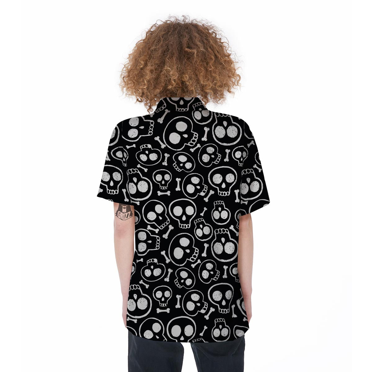 Black Cartoon Skull Women's Short Sleeve Shirts-grizzshop