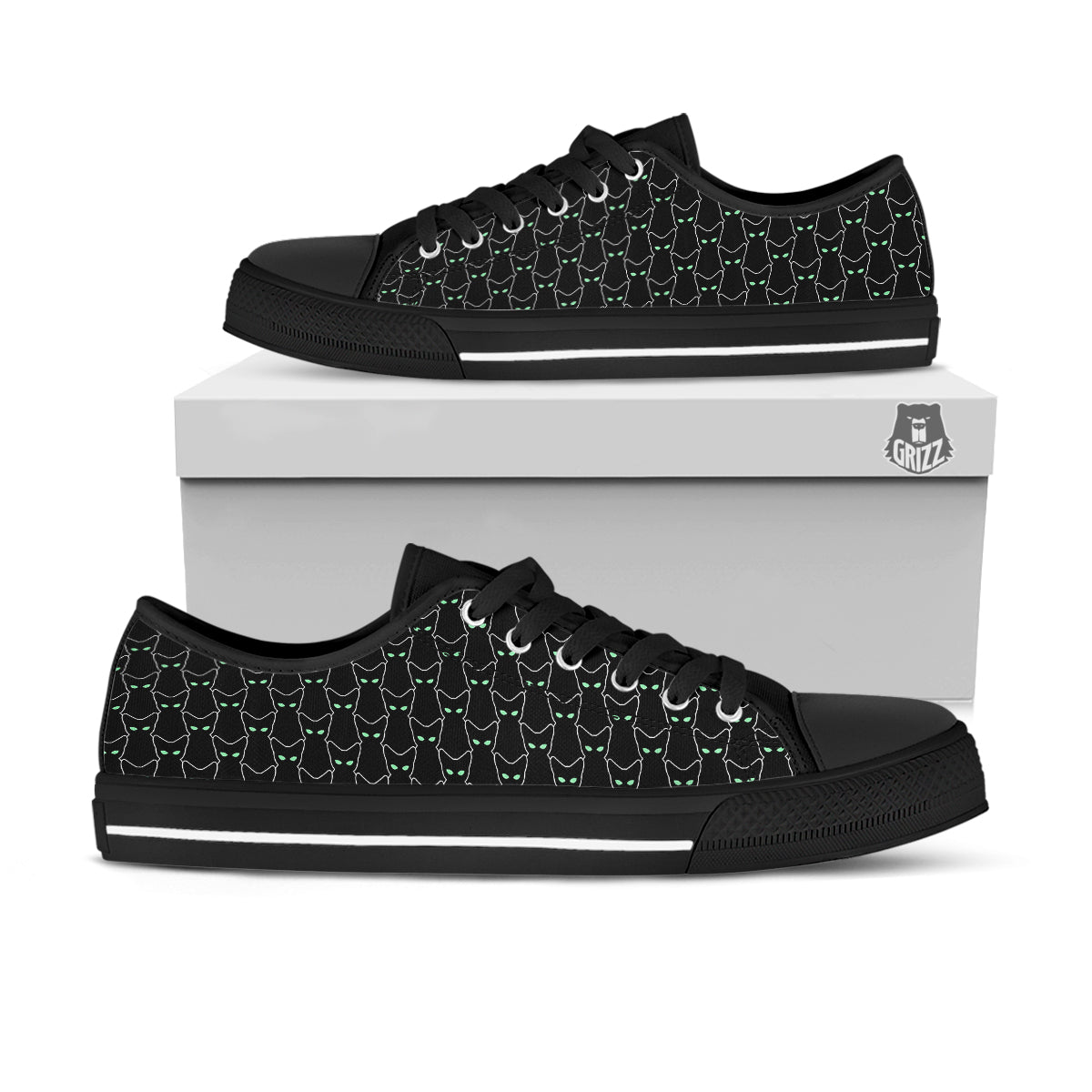 Black Cat Alien Print Pattern Black Low Top Shoes-grizzshop