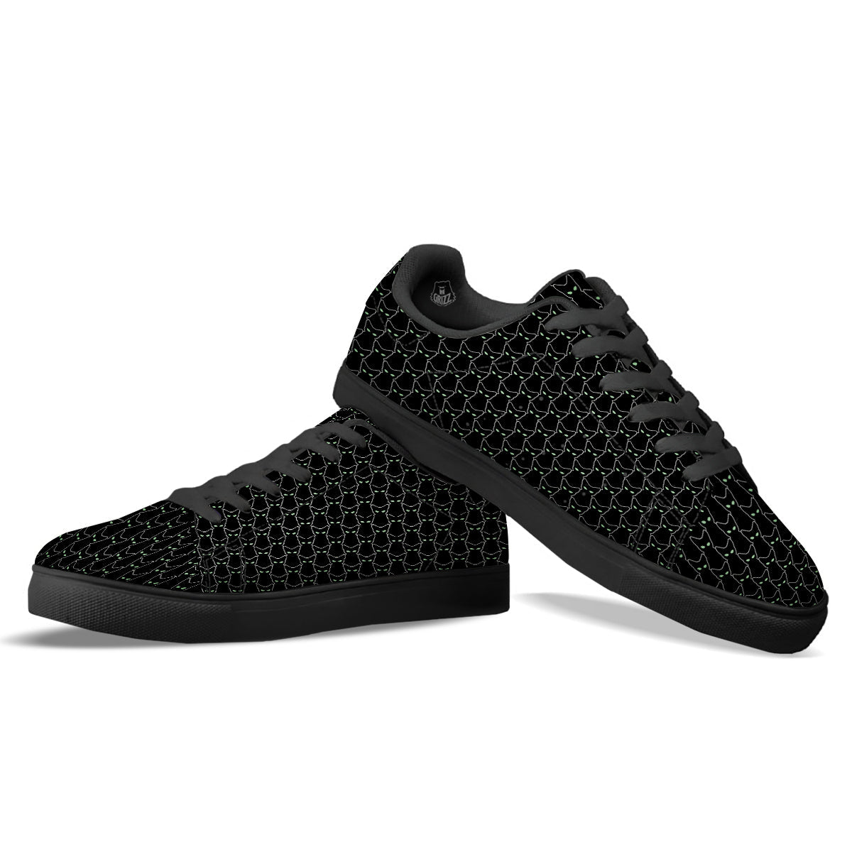 Black Cat Alien Print Pattern Black Low Top Sneakers-grizzshop