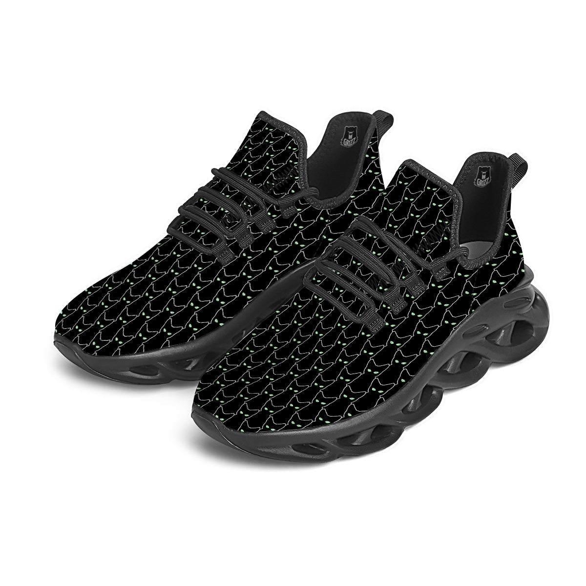 Black Cat Alien Print Pattern Black Running Shoes-grizzshop