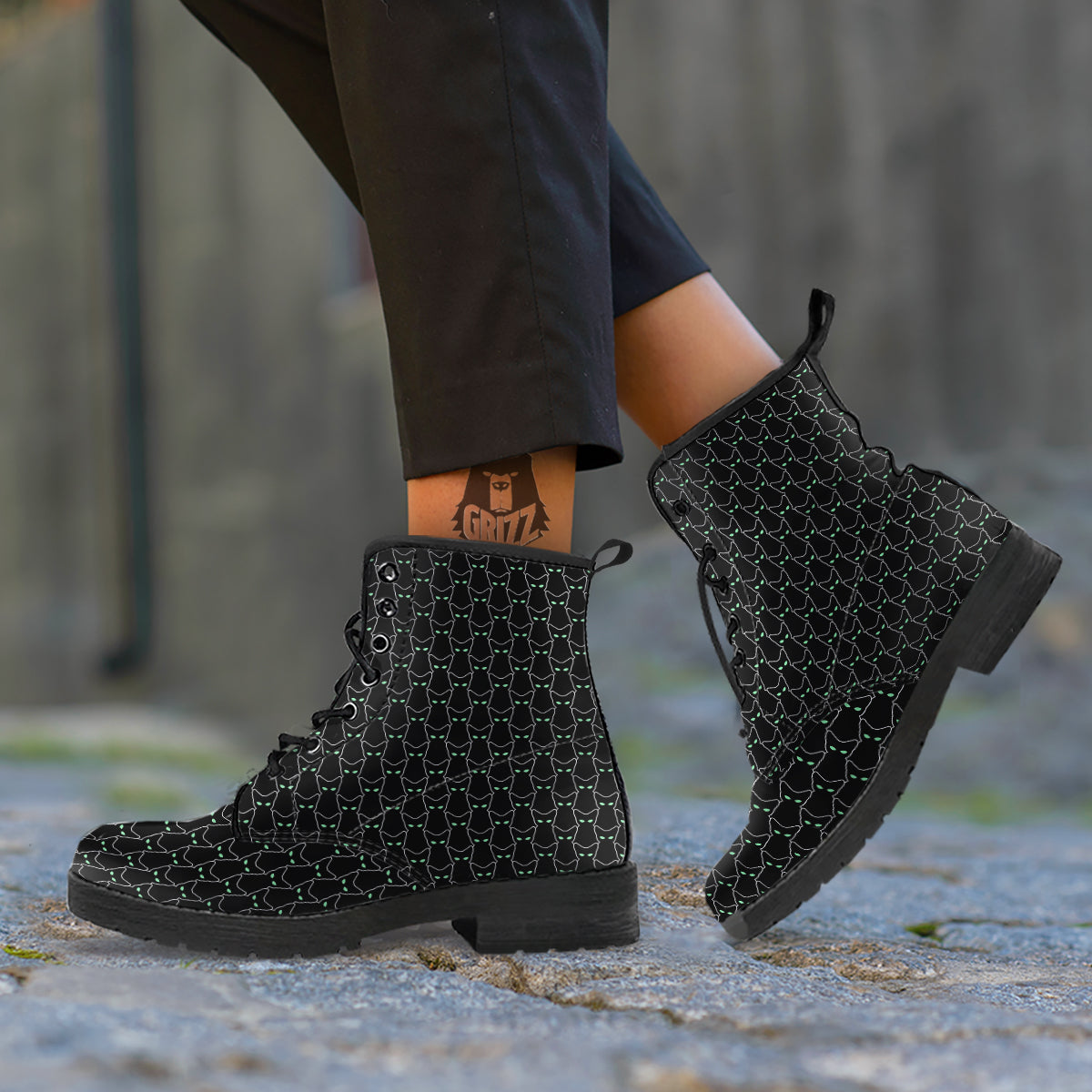 Black Cat Alien Print Pattern Leather Boots-grizzshop
