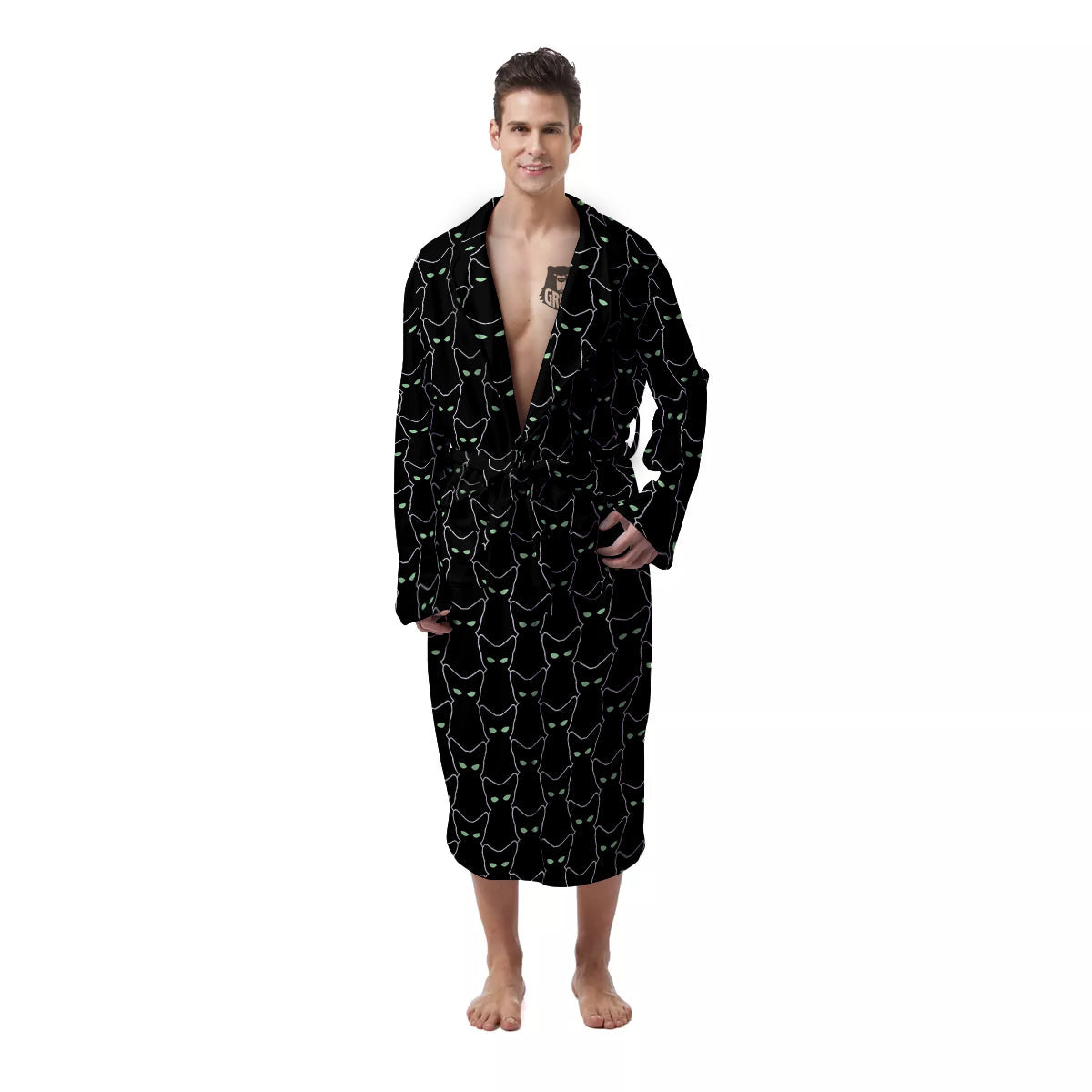 Black Cat Alien Print Pattern Men's Robe-grizzshop