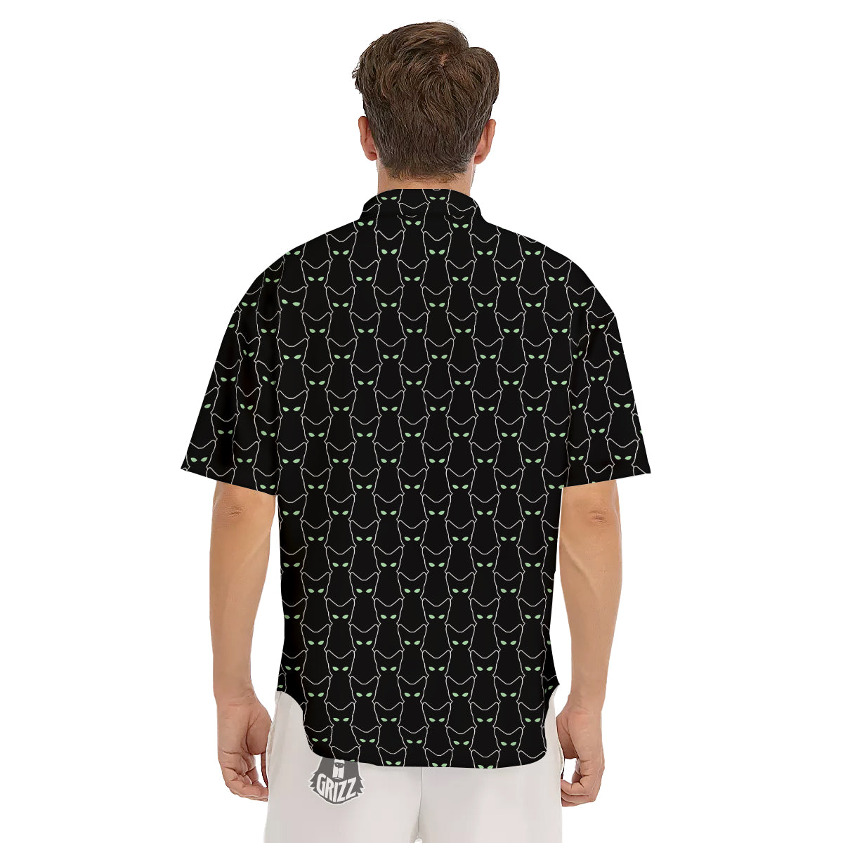 Black Cat Alien Print Pattern Men's Short Sleeve Shirts-grizzshop