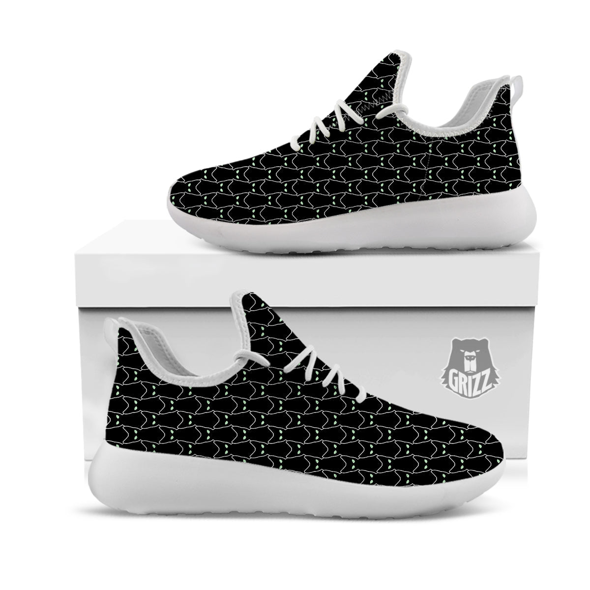 Black Cat Alien Print Pattern White Athletic Shoes-grizzshop