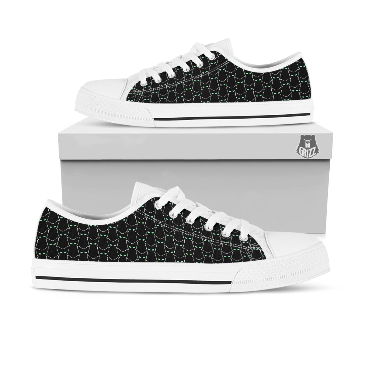 Black Cat Alien Print Pattern White Low Top Shoes-grizzshop