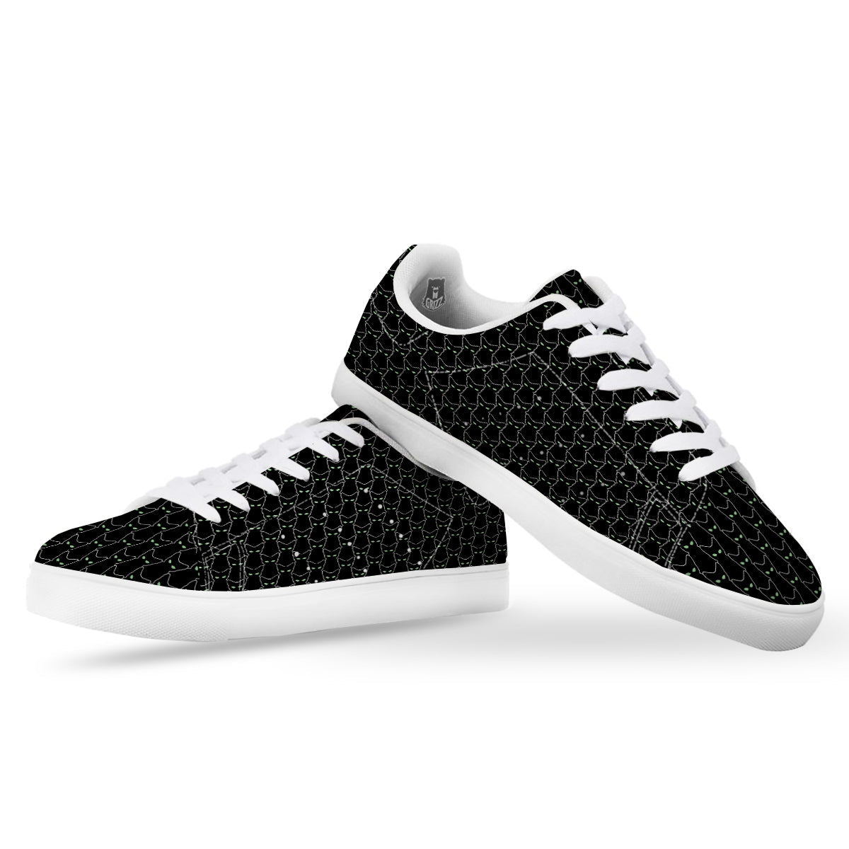 Black Cat Alien Print Pattern White Low Top Sneakers-grizzshop