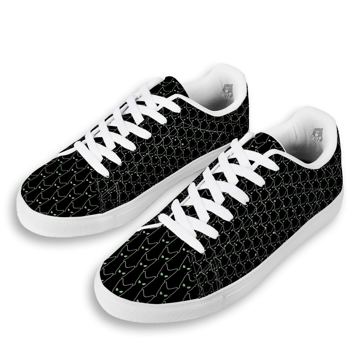 Black Cat Alien Print Pattern White Low Top Sneakers-grizzshop