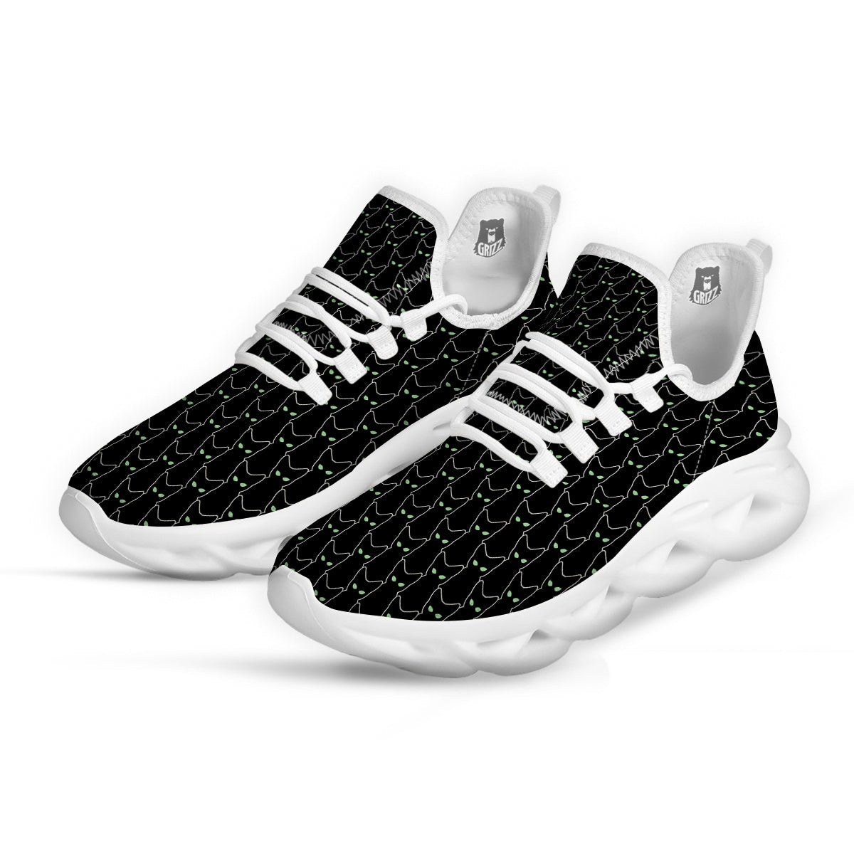Black Cat Alien Print Pattern White Running Shoes-grizzshop