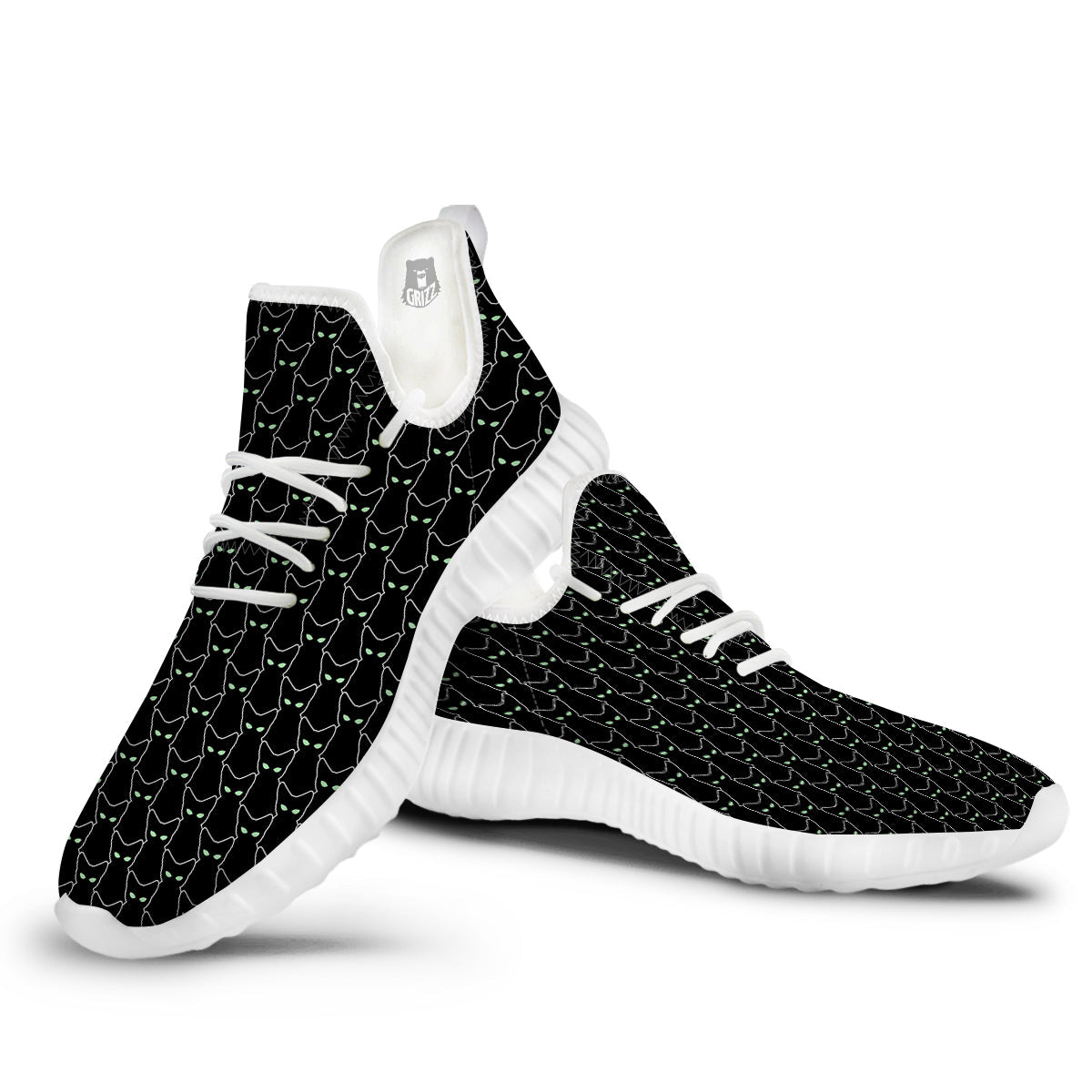 Black Cat Alien Print Pattern White Walking Shoes-grizzshop