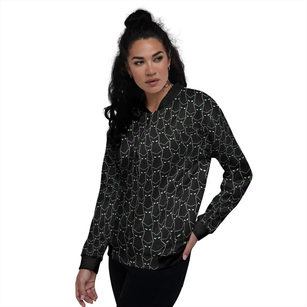 Black Cat Alien Print Pattern Women's Bomber Jacket-grizzshop