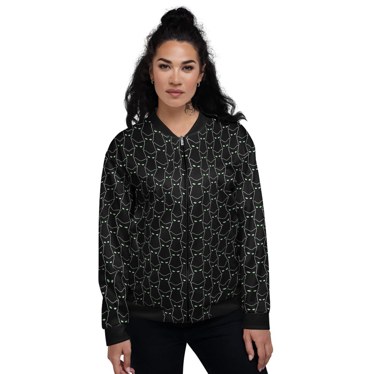Black Cat Alien Print Pattern Women's Bomber Jacket-grizzshop