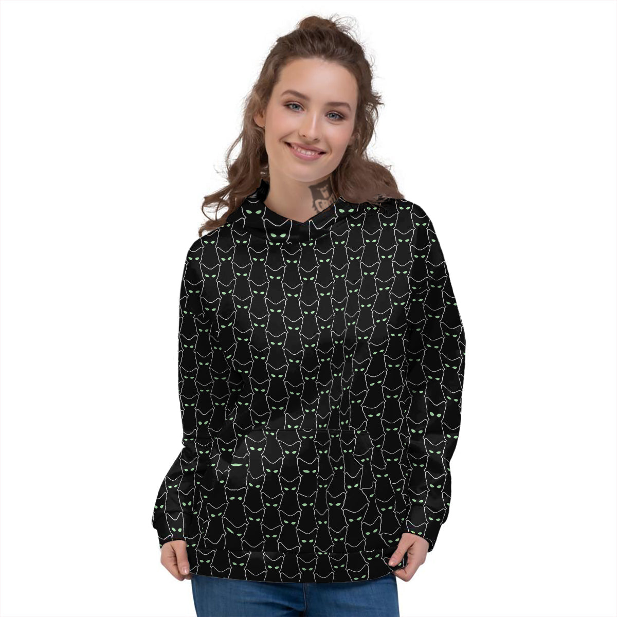 Black Cat Alien Print Pattern Women's Hoodie-grizzshop