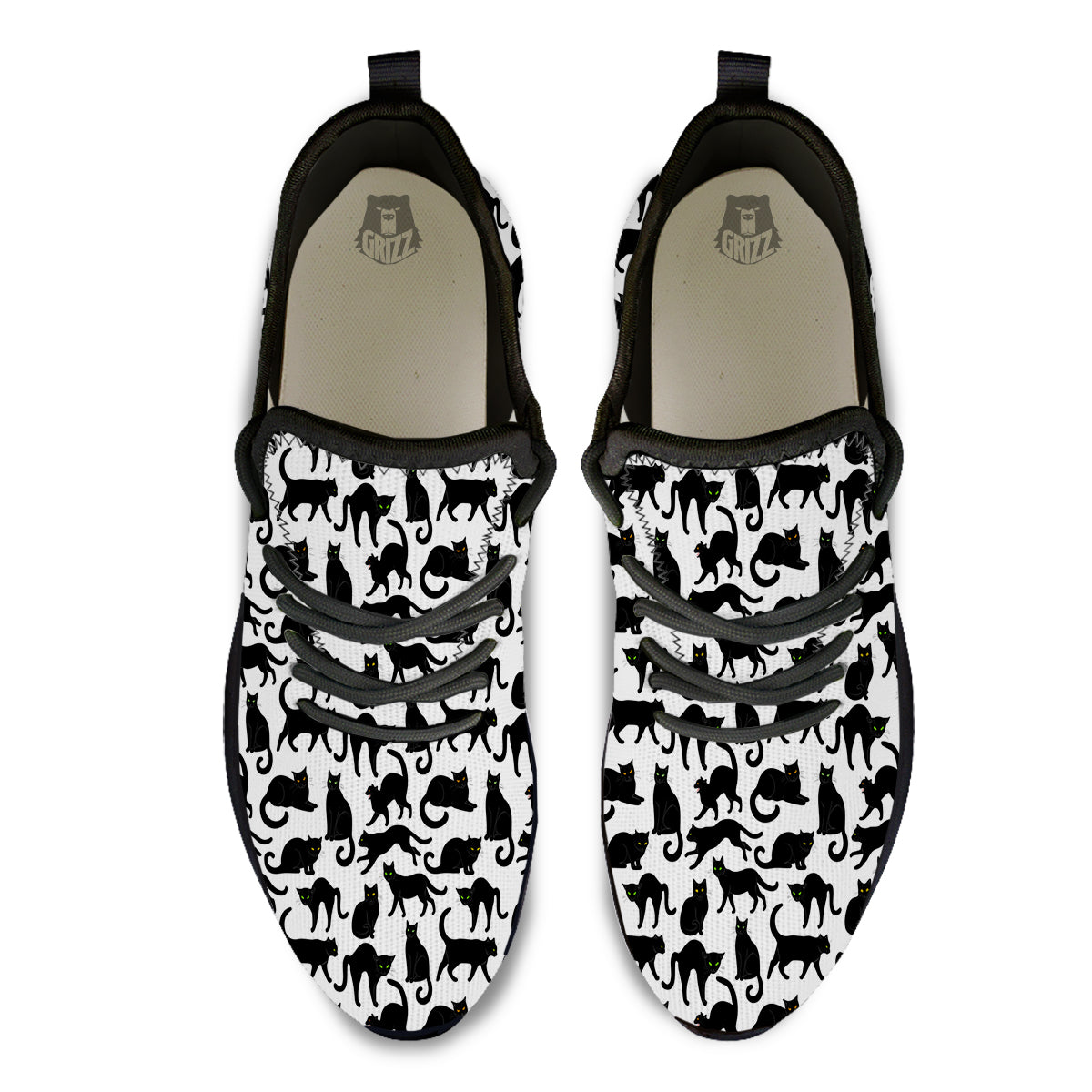 Black Cat And White Print Pattern Black Athletic Shoes-grizzshop