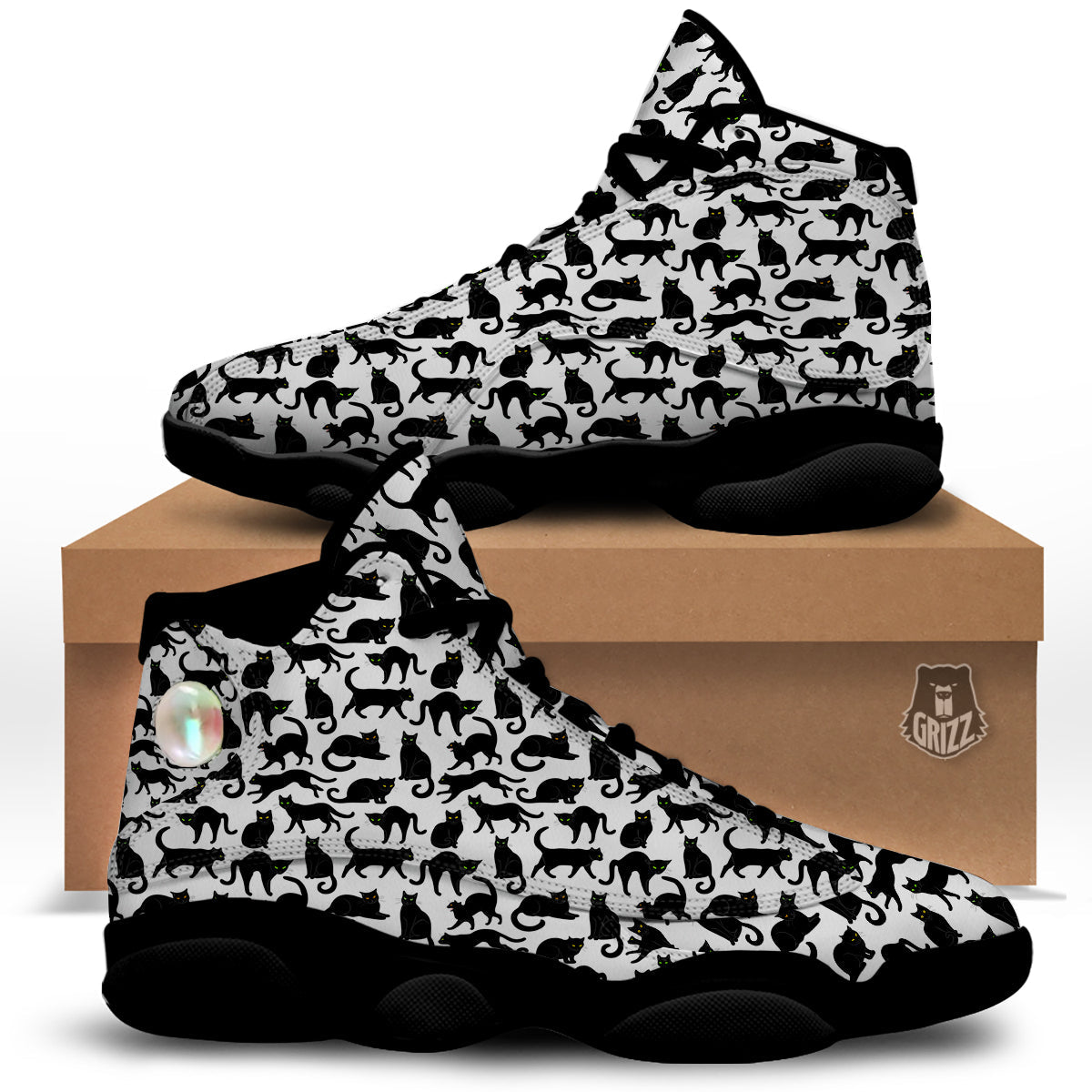 Black Cat And White Print Pattern Black Basketball Shoes-grizzshop