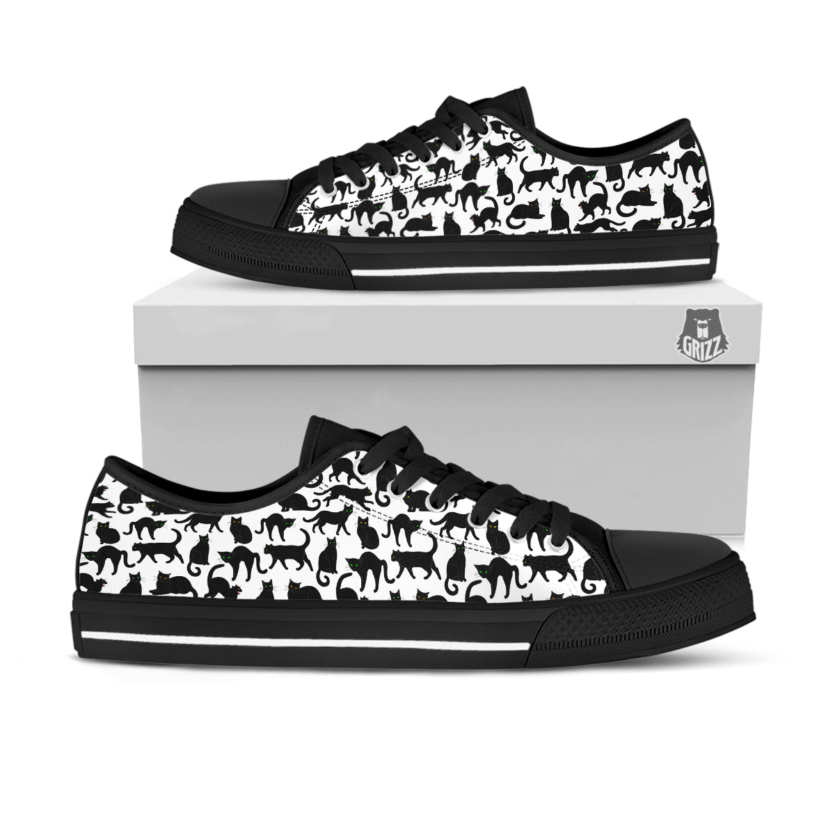 Black Cat And White Print Pattern Black Low Top Shoes-grizzshop