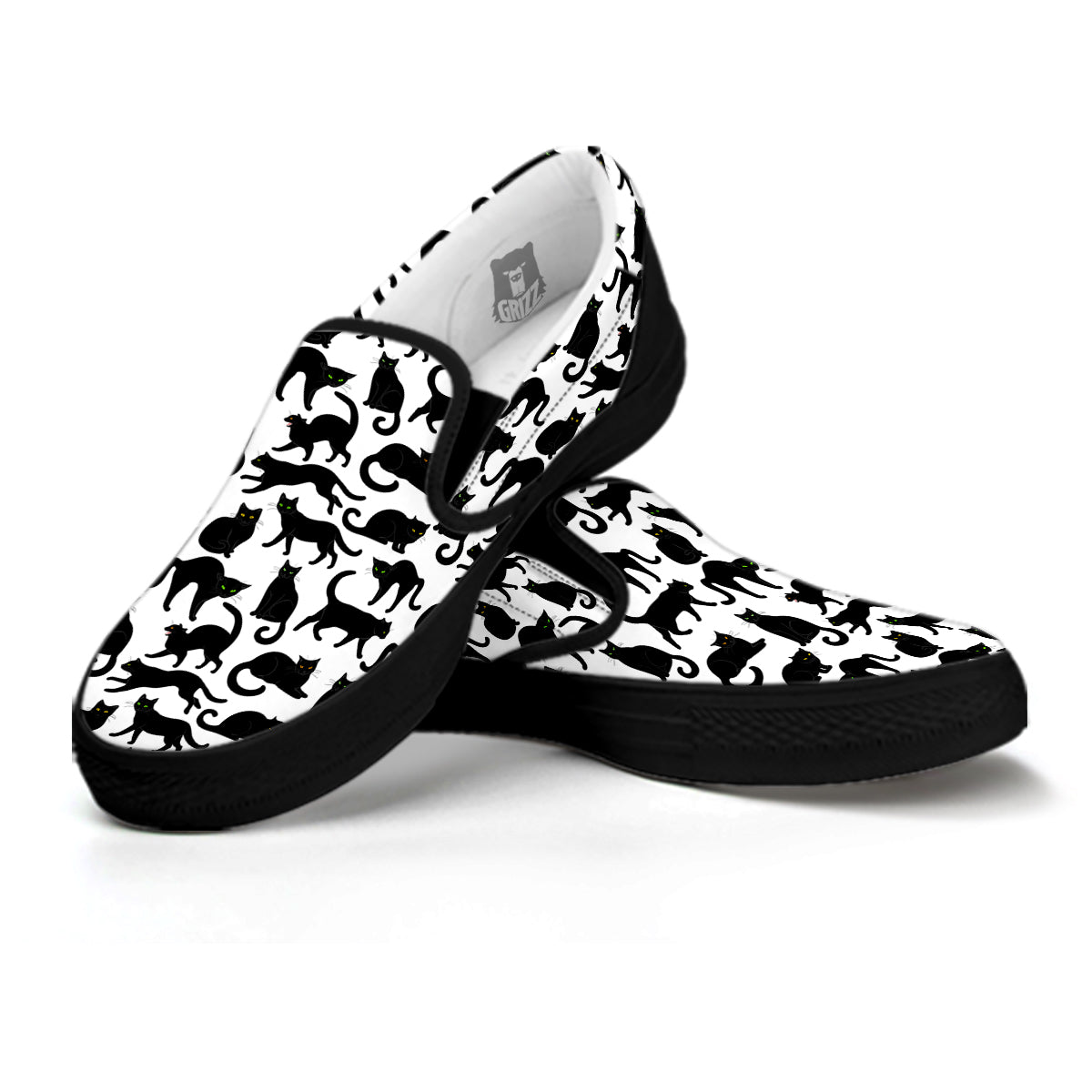 Black Cat And White Print Pattern Black Slip On Shoes-grizzshop