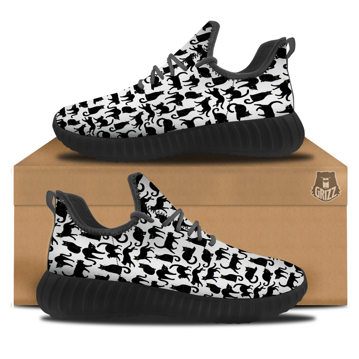 Black Cat And White Print Pattern Black Walking Shoes-grizzshop