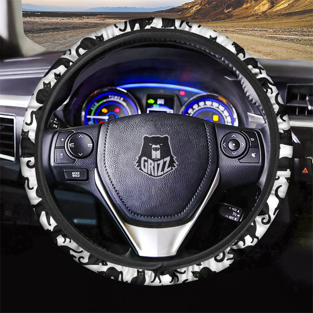 Black Cat And White Print Pattern Car Steering Wheel Cover-grizzshop