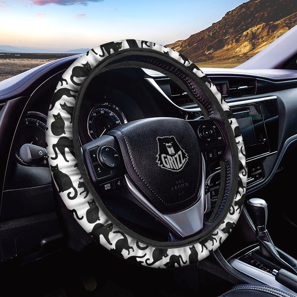 Black Cat And White Print Pattern Car Steering Wheel Cover-grizzshop