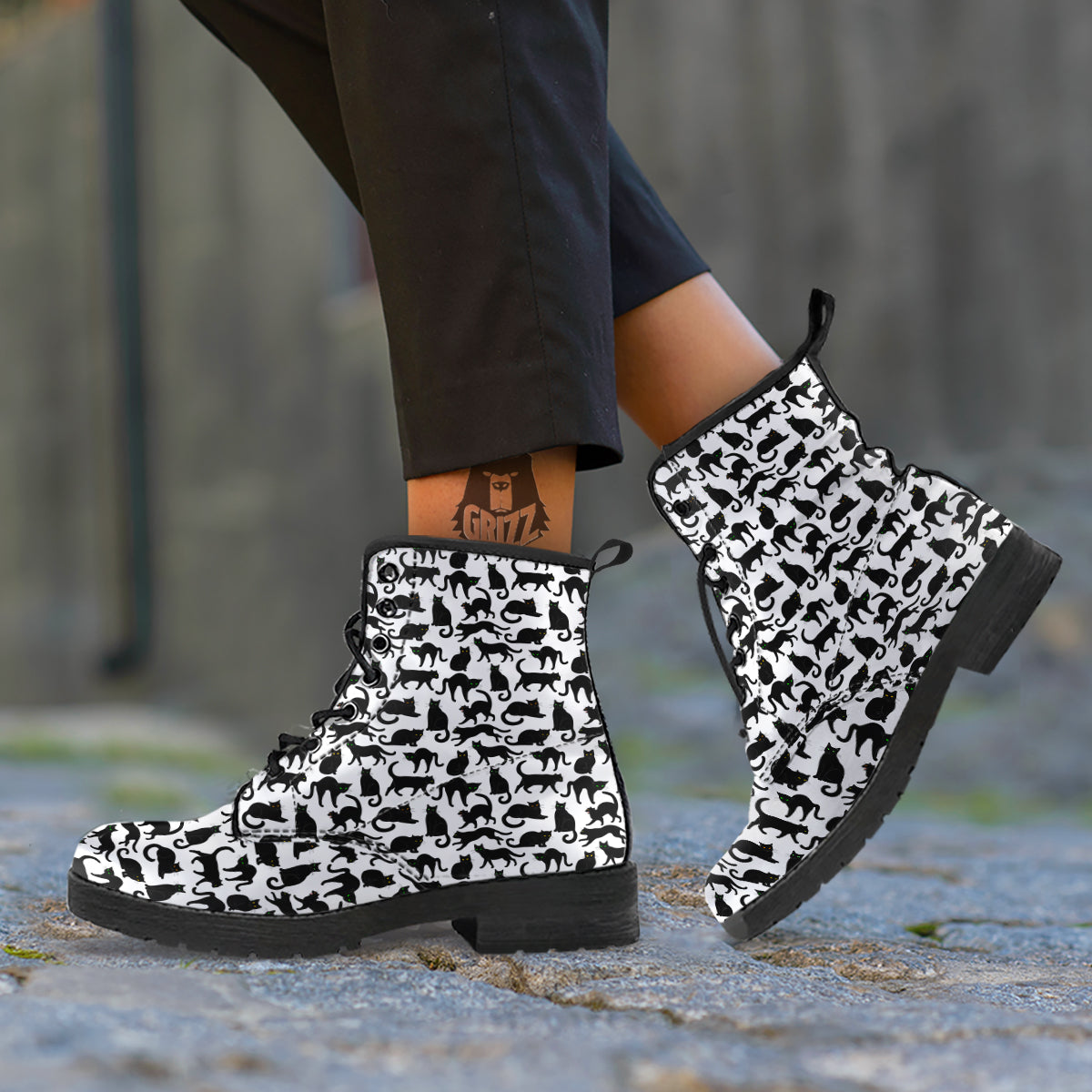 Black Cat And White Print Pattern Leather Boots-grizzshop