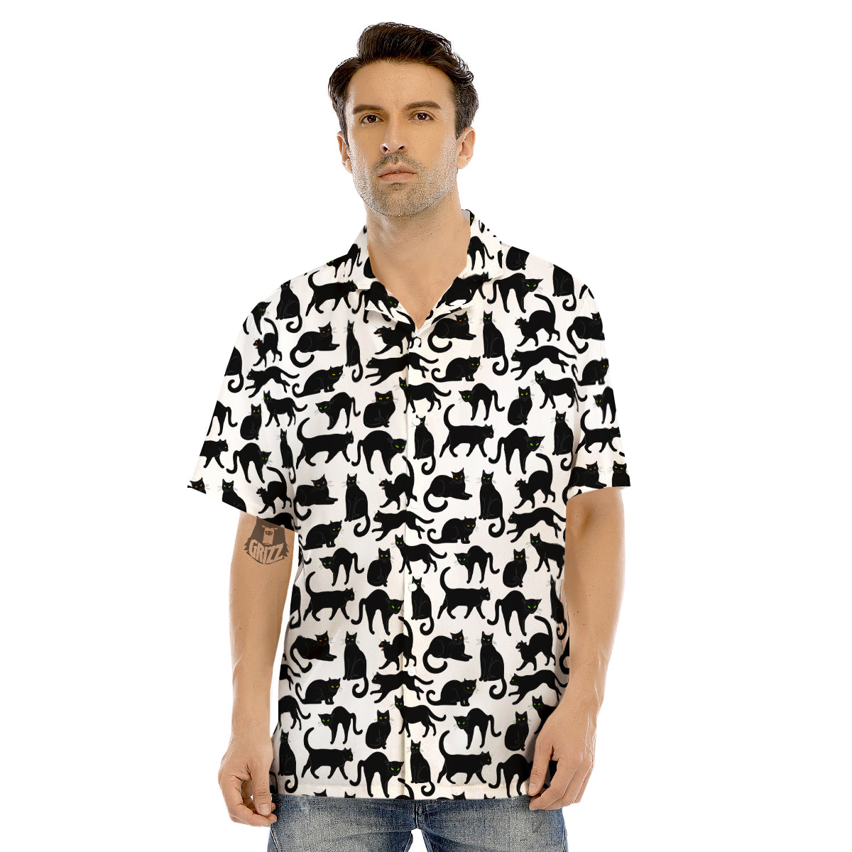 Black Cat And White Print Pattern Men's Hawaiian Shirt-grizzshop