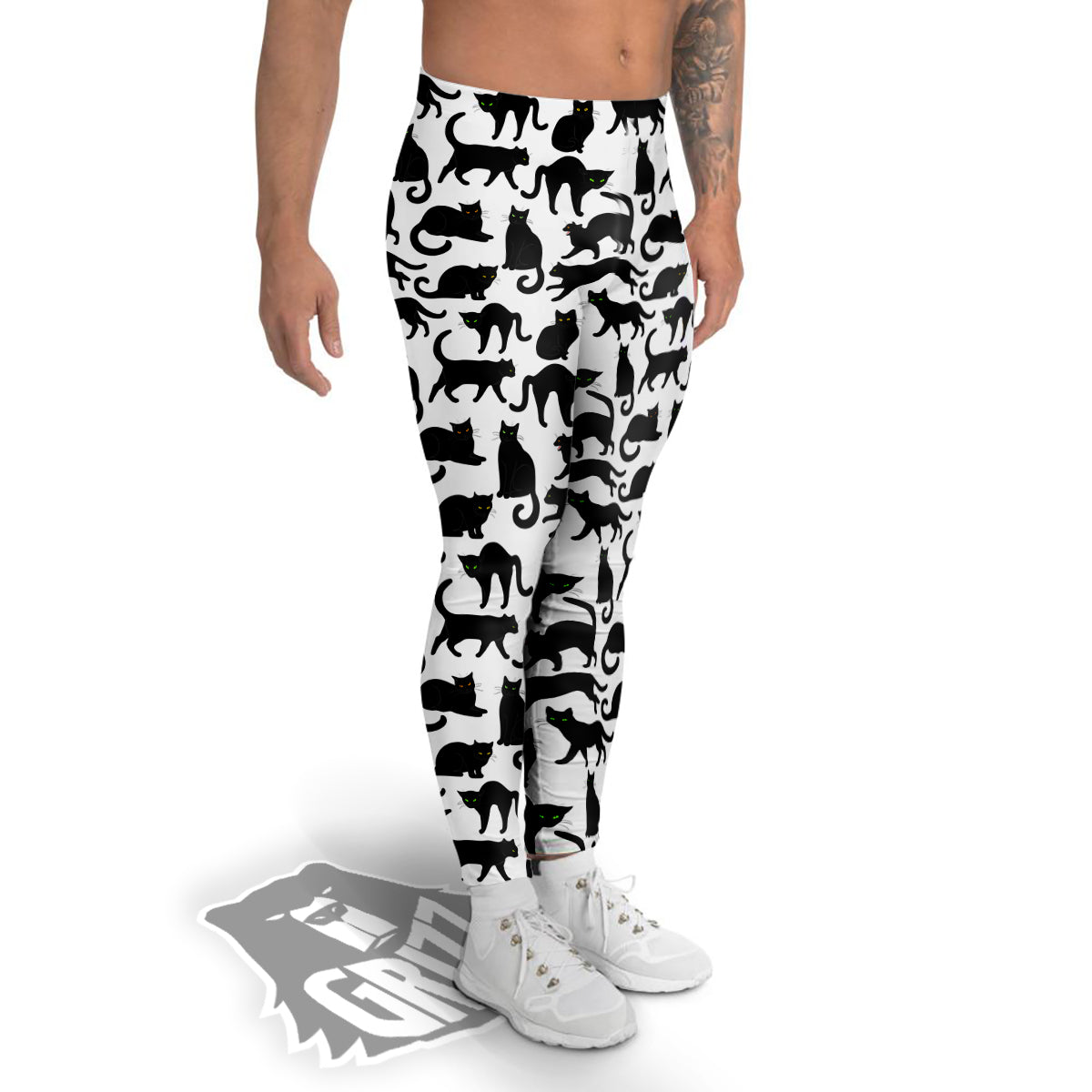 Black Cat And White Print Pattern Men's Leggings-grizzshop