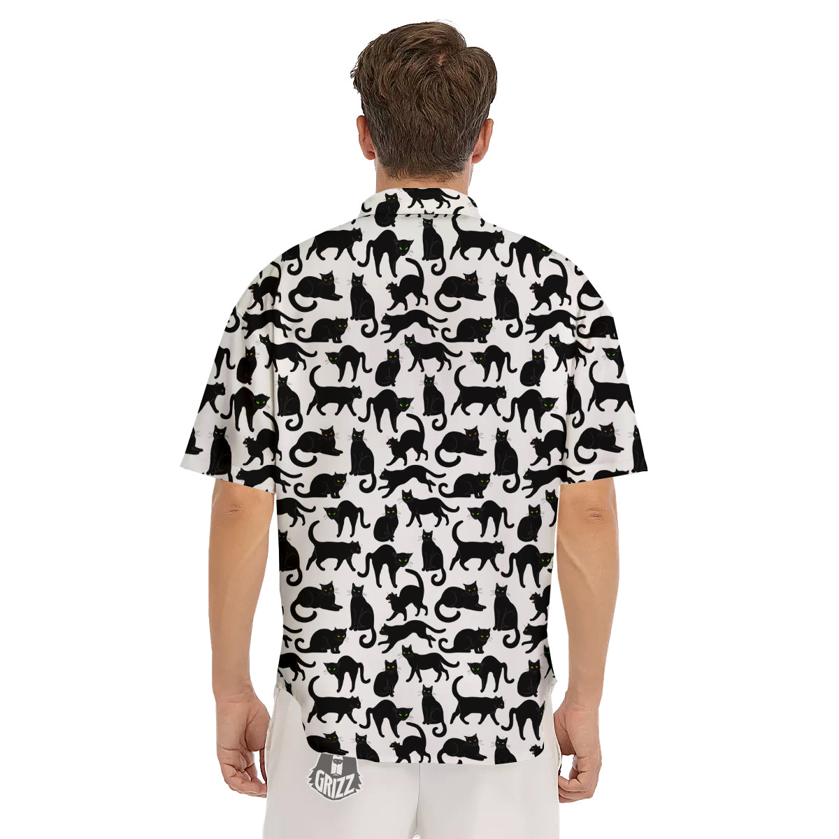 Black Cat And White Print Pattern Men's Short Sleeve Shirts-grizzshop