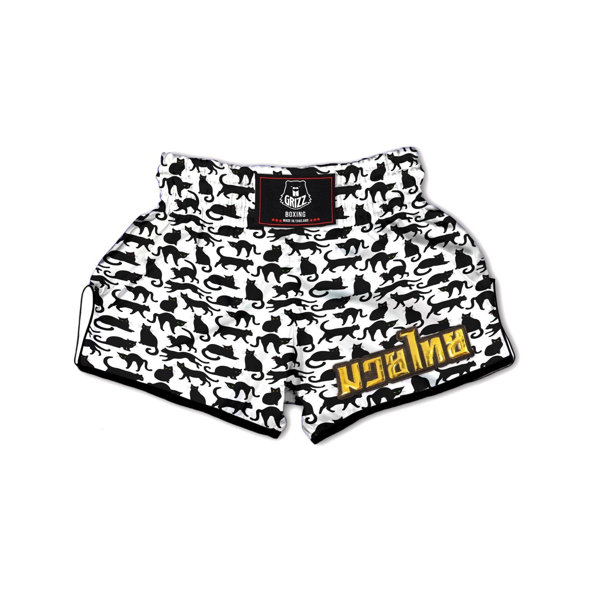 Black Cat And White Print Pattern Muay Thai Boxing Shorts-grizzshop