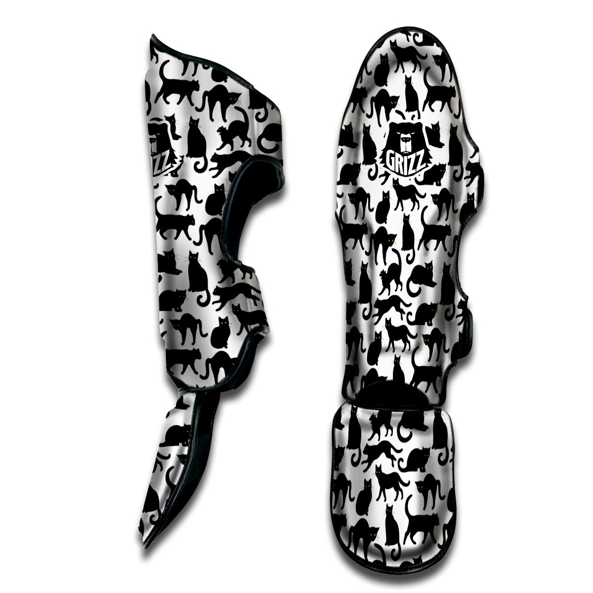 Black Cat And White Print Pattern Muay Thai Shin Guards-grizzshop