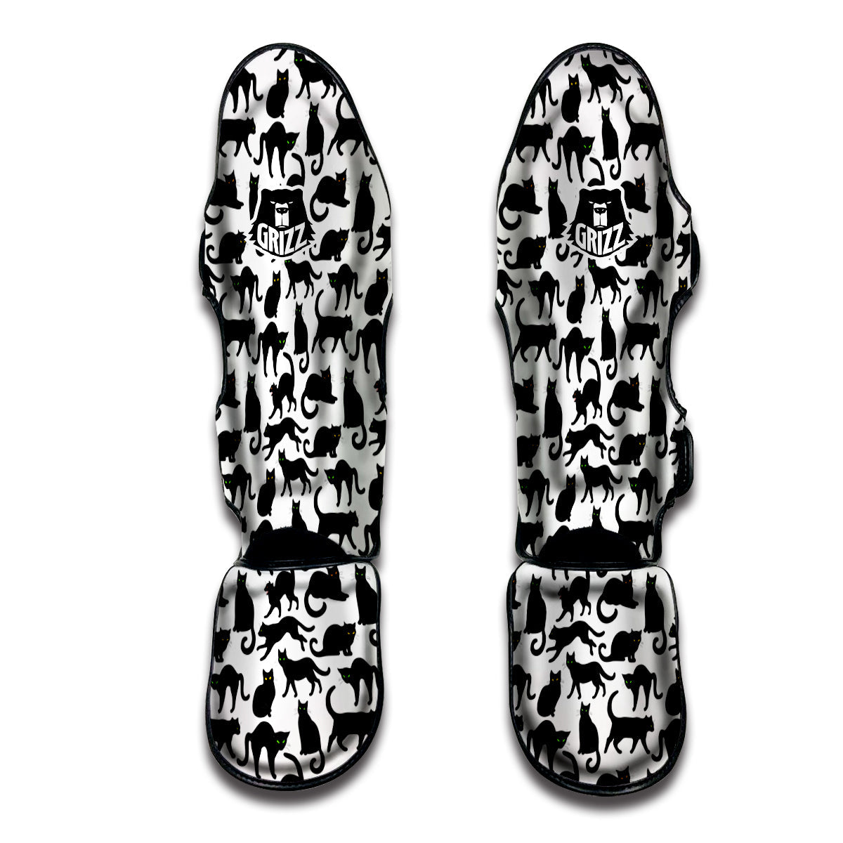 Black Cat And White Print Pattern Muay Thai Shin Guards-grizzshop