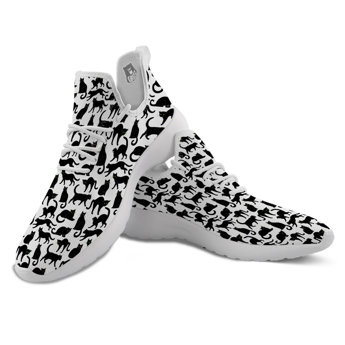 Black Cat And White Print Pattern White Athletic Shoes-grizzshop