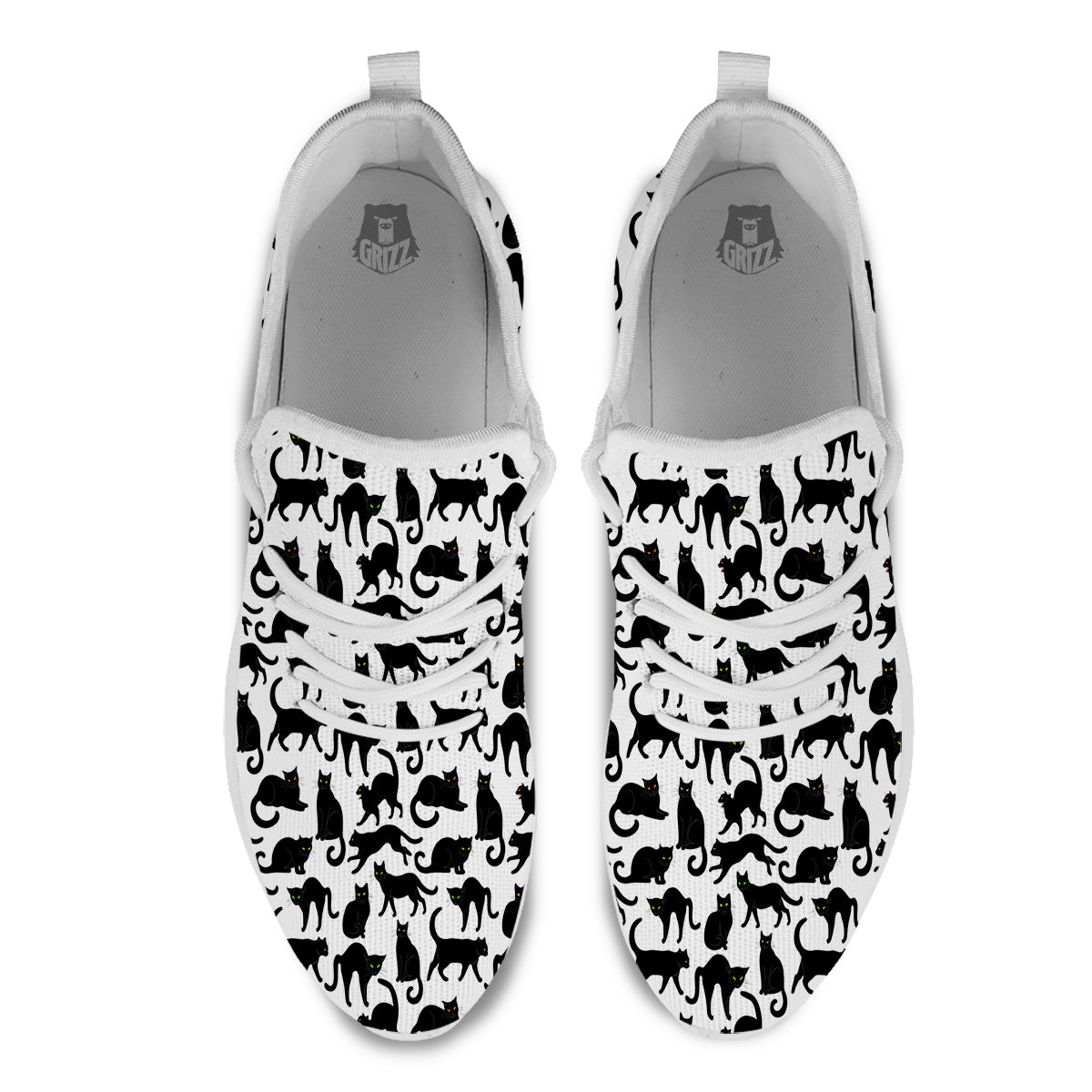 Black Cat And White Print Pattern White Athletic Shoes-grizzshop