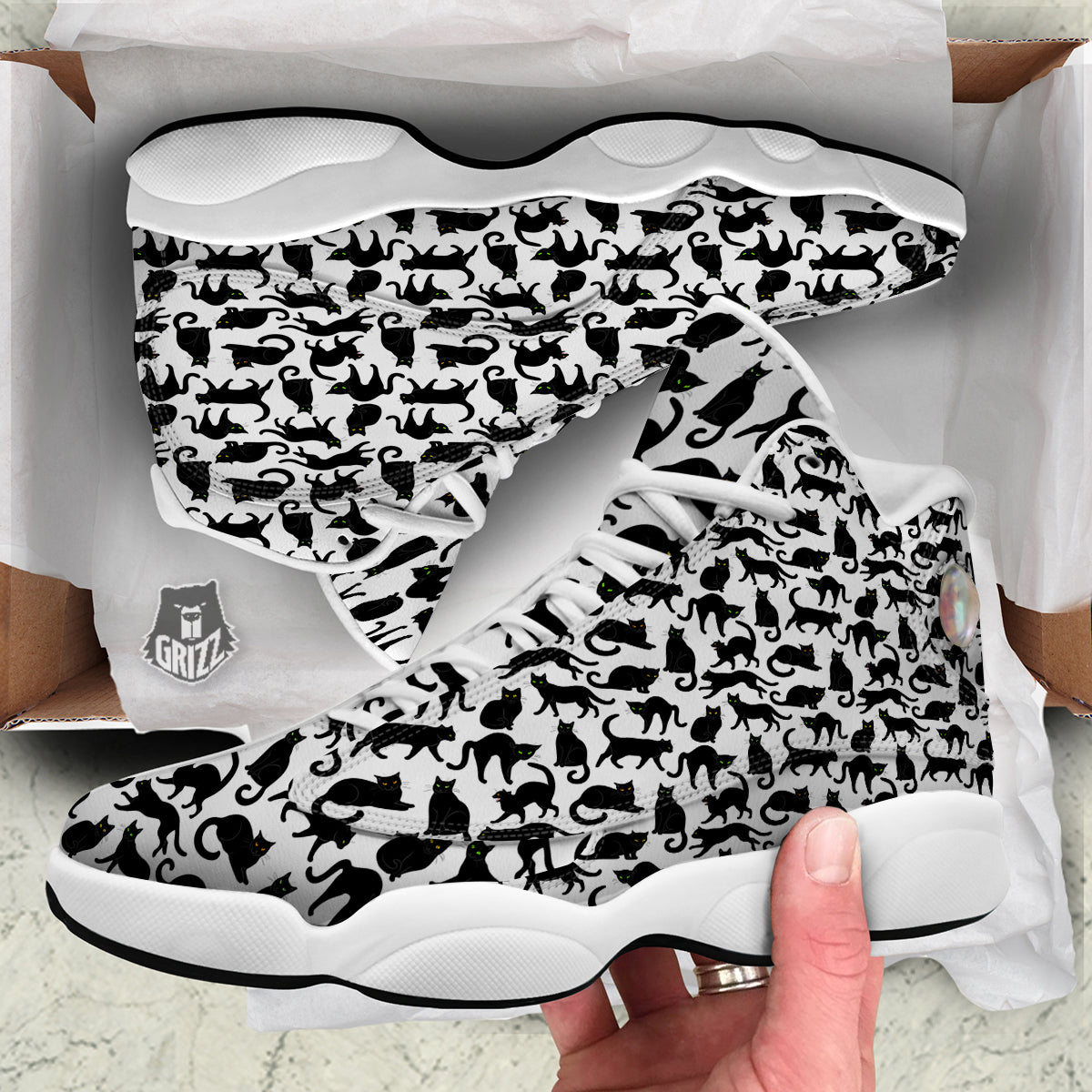 Black Cat And White Print Pattern White Basketball Shoes-grizzshop