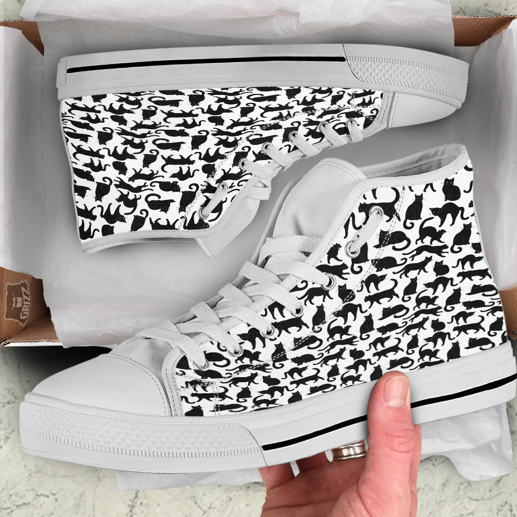Black Cat And White Print Pattern White High Top Shoes-grizzshop