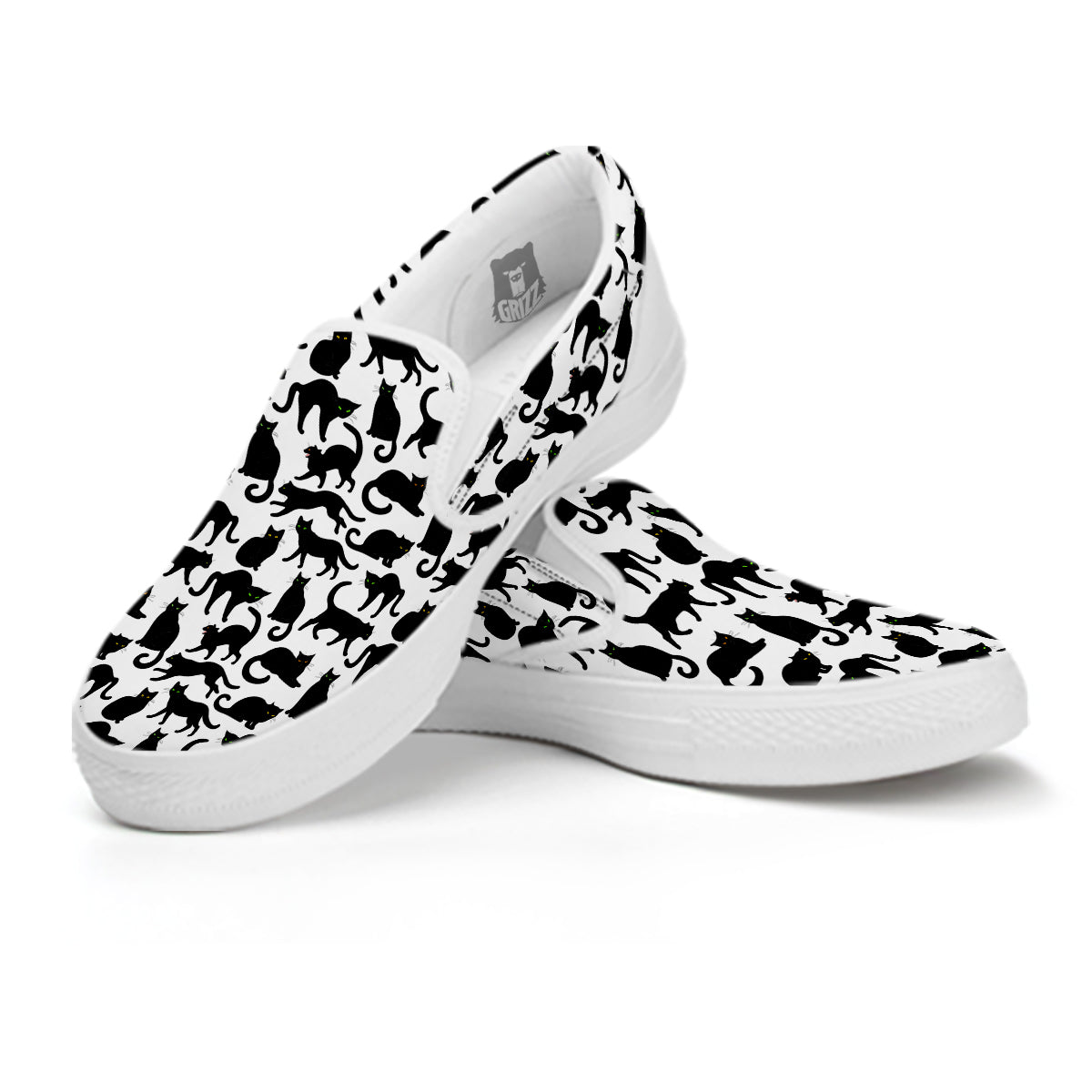 Black Cat And White Print Pattern White Slip On Shoes-grizzshop