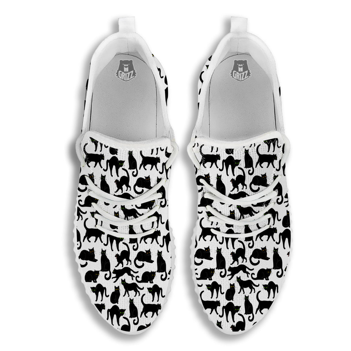 Black Cat And White Print Pattern White Walking Shoes-grizzshop