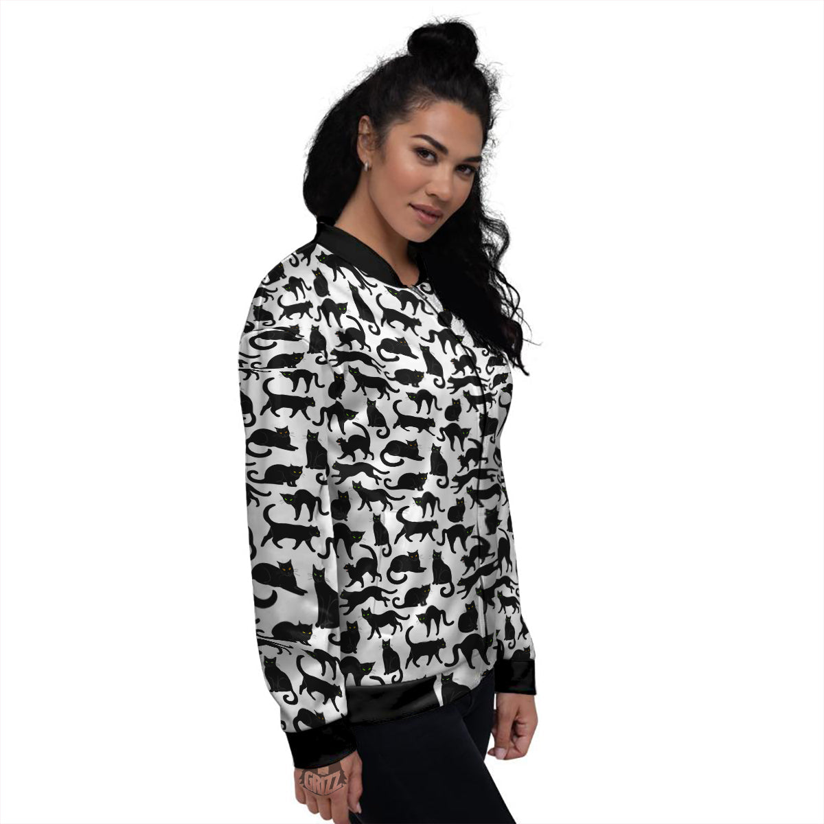 Black Cat And White Print Pattern Women's Bomber Jacket-grizzshop