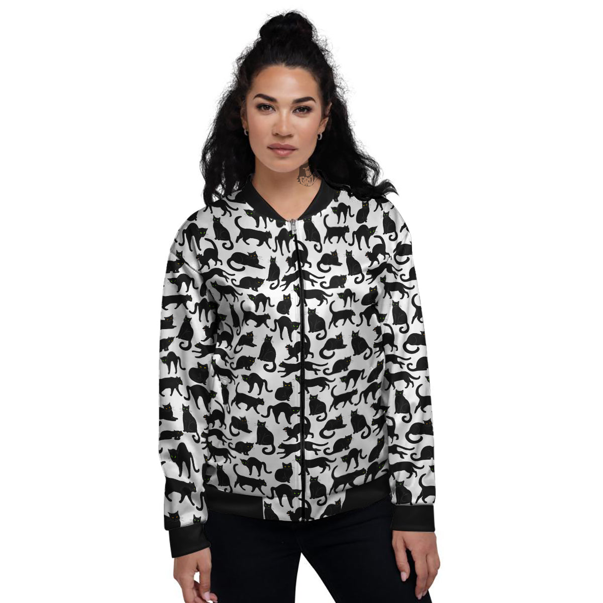 Black Cat And White Print Pattern Women's Bomber Jacket-grizzshop