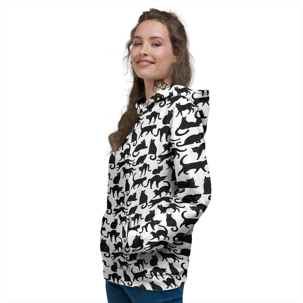 Black Cat And White Print Pattern Women's Hoodie-grizzshop